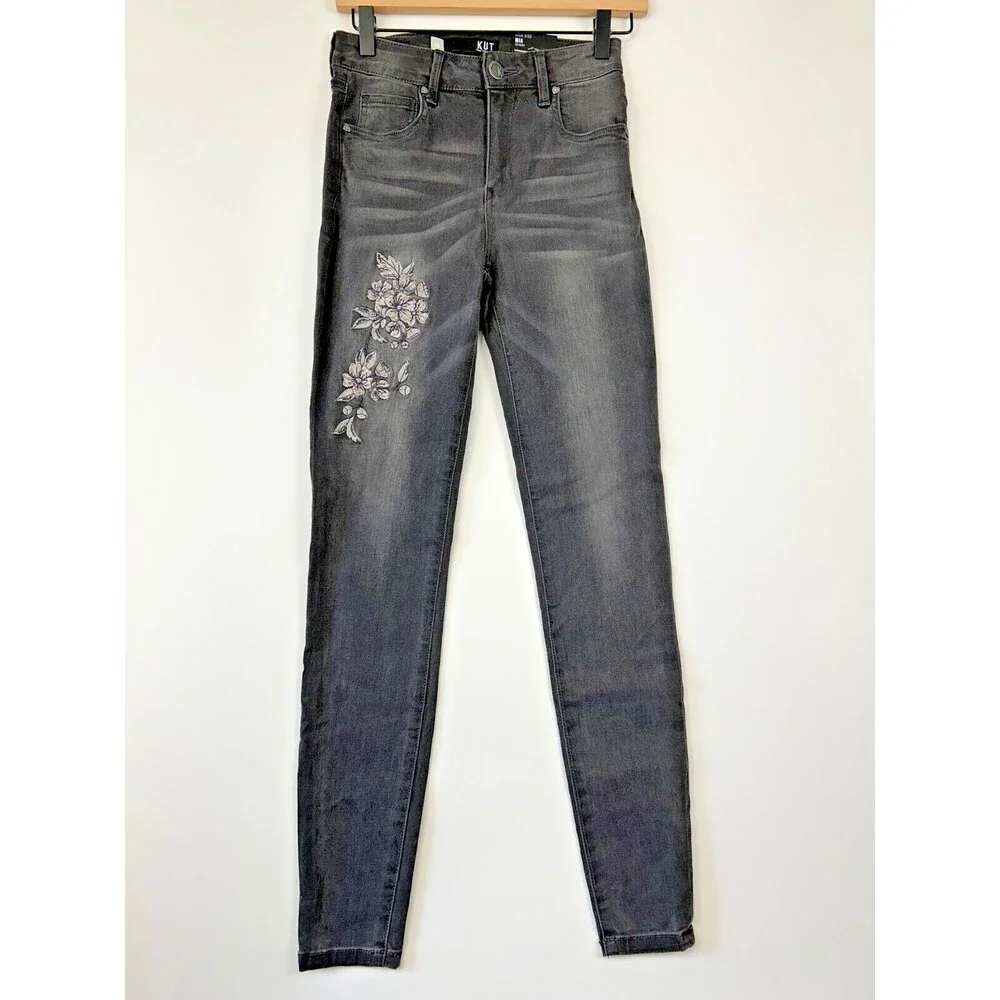 Kut From The Kloth Mia High‎ Rise Skinny Jeans Size 00 NWT Black Embroidered